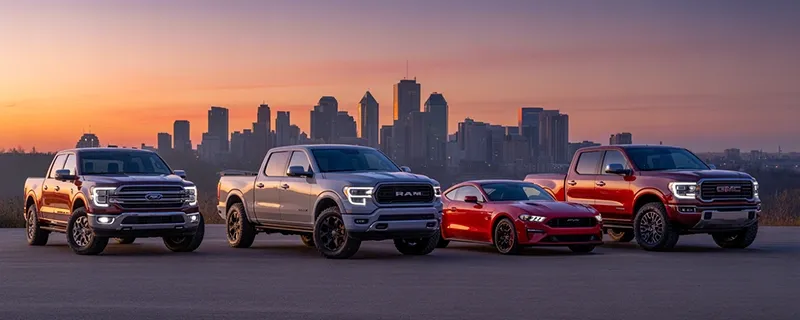 Edmonton skyline with vehicle lineup showcasing cars available for bad credit financing