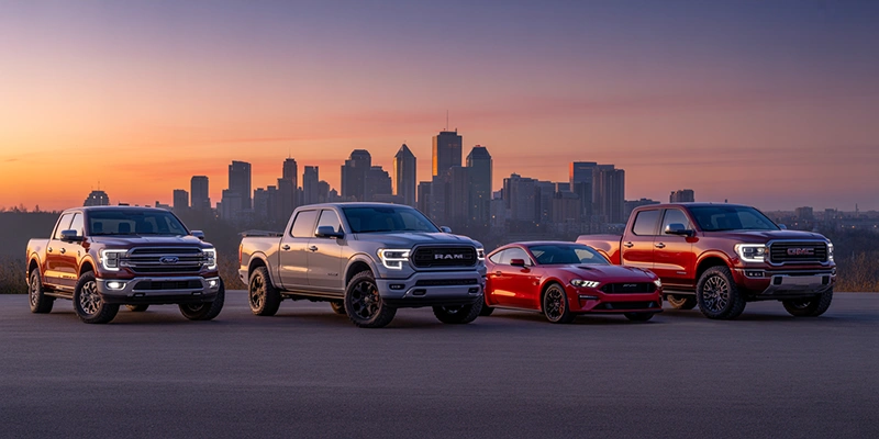 Edmonton skyline with vehicle lineup showcasing cars available for bad credit financing